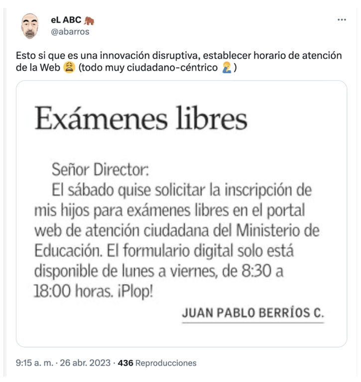 tuit de abril 2023 en que se muestra una carta al director señalado que un sitio web está cerrado por estar fuera de horario