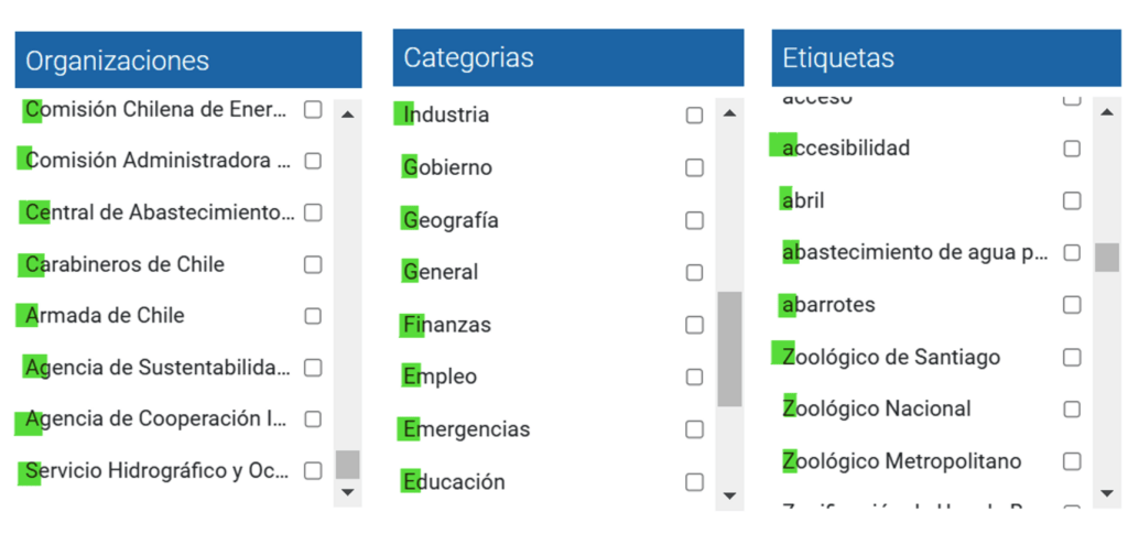 despliegue de los filtros pata buscar archivos de datos en el sitio datos.gob.cl