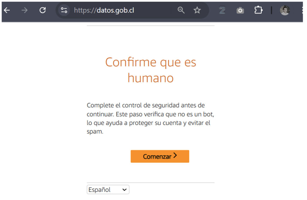 pantalla de confirmación de si es un ser humano en el  sitio datos.gob.cl