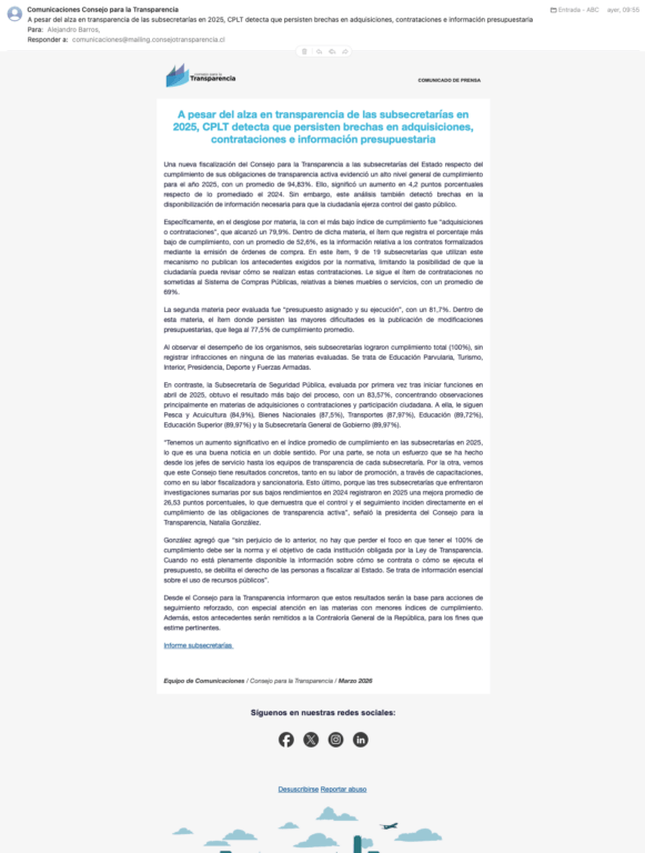 imagen de mail recibido desde el Consejo para la Transparencia